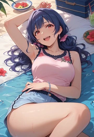 idolmaster,morino_rinze,sleeveless swim top,shorts-style bottom,contrast stitching  - AI generated anime art