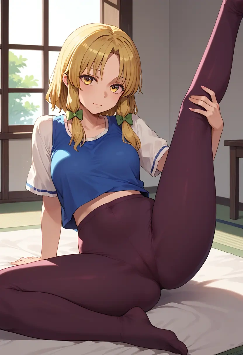 touhou,moriya_suwako,yoga, leggings,spread legs,one leg up,sexy  - 