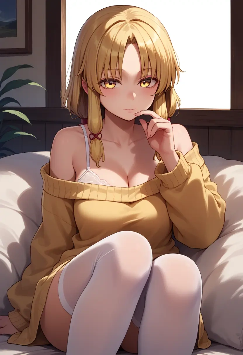 touhou,moriya_suwako,cross-legged,Head resting on hand,off-shoulder,sweater  - 