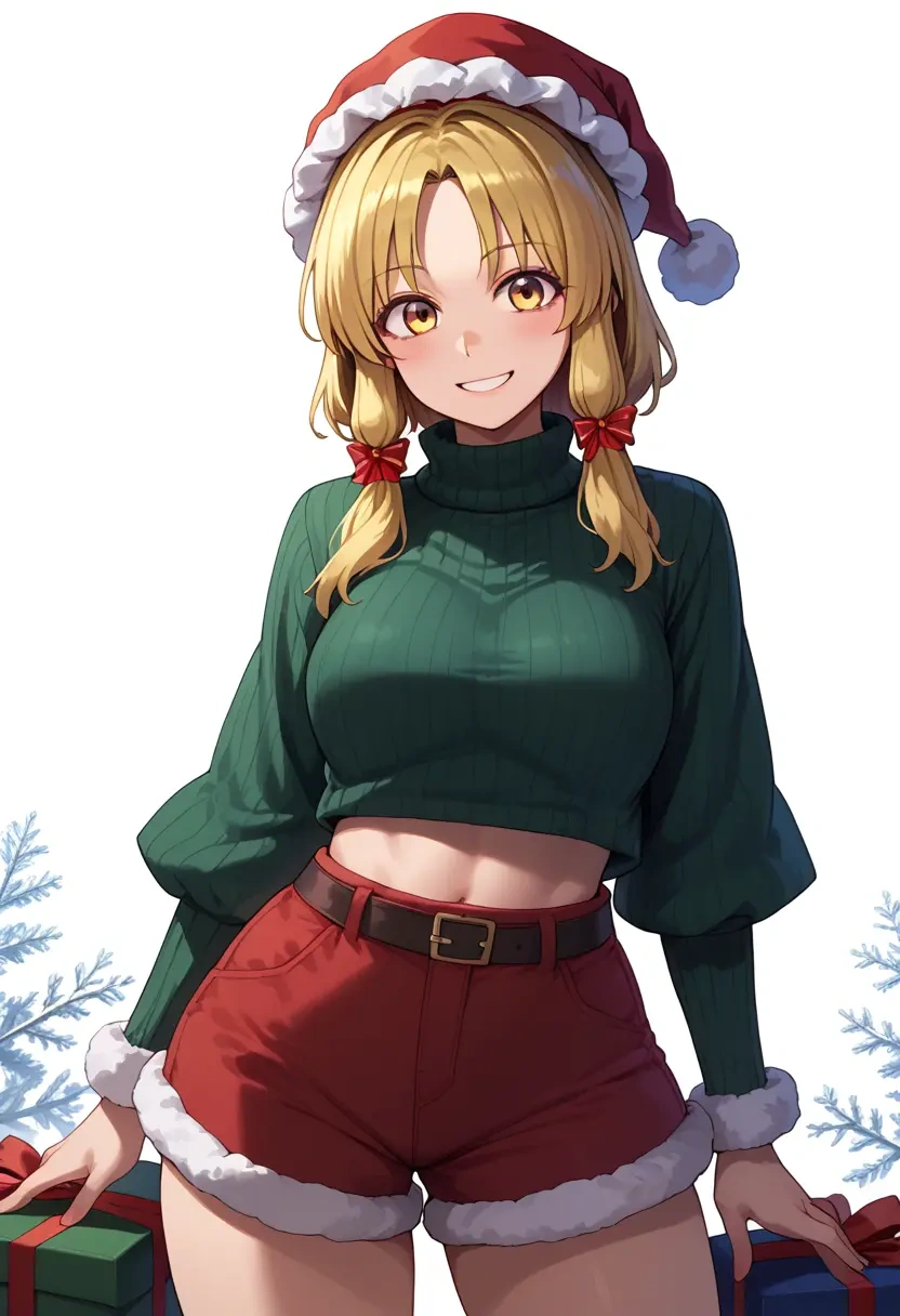 touhou,moriya_suwako,Christmas,red velvet shorts,turtleneck sweater  - 