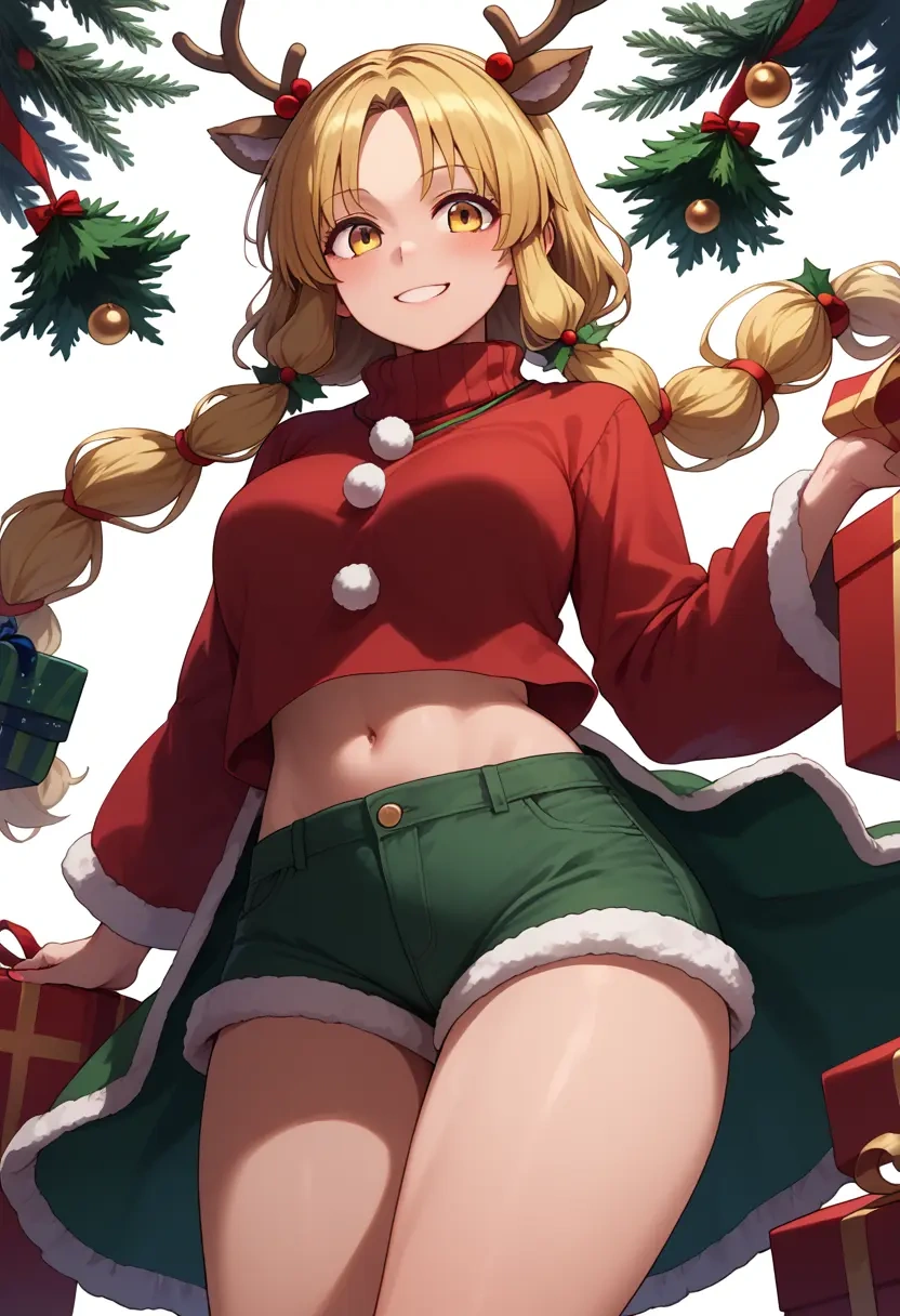 touhou,moriya_suwako,Christmas,red velvet shorts,turtleneck sweater  - 