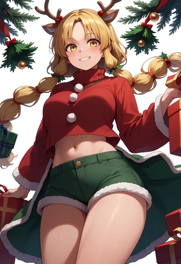 touhou,moriya_suwako,Christmas,red velvet shorts,turtleneck sweater  - AI generated anime art