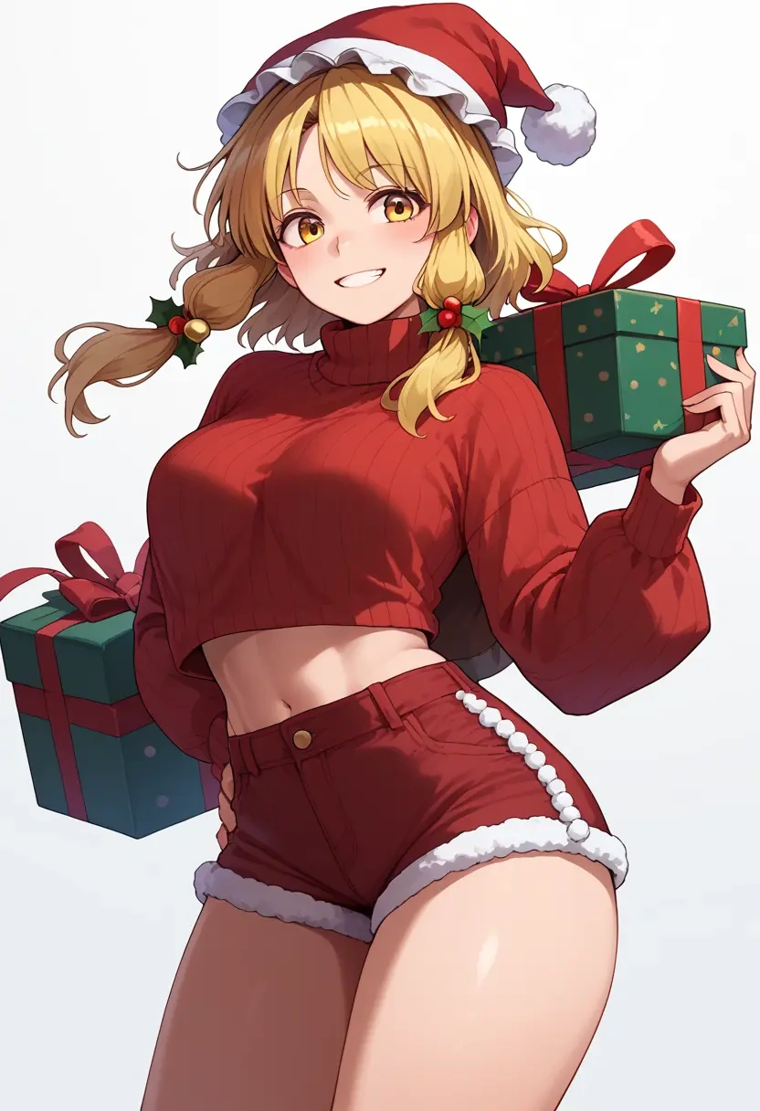 touhou,moriya_suwako,Christmas,red velvet shorts,turtleneck sweater  - 