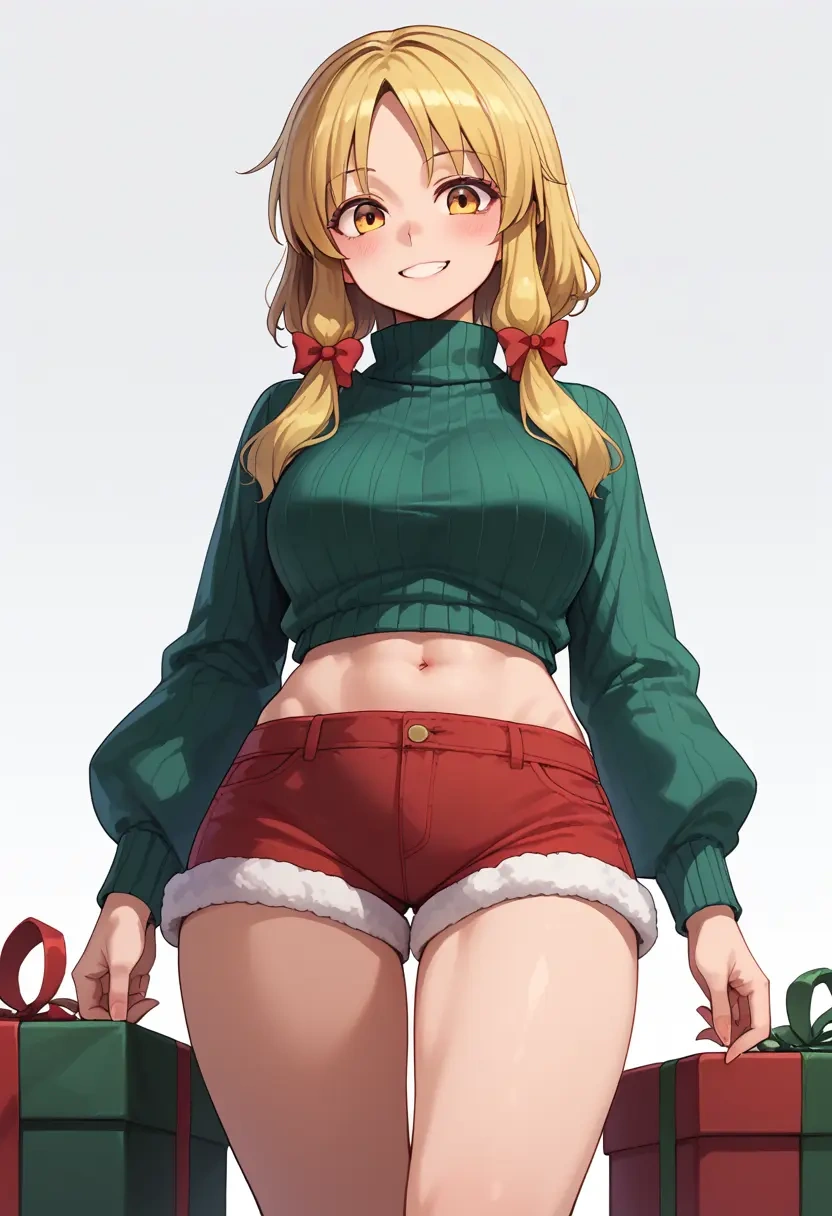 touhou,moriya_suwako,Christmas,red velvet shorts,turtleneck sweater  - 