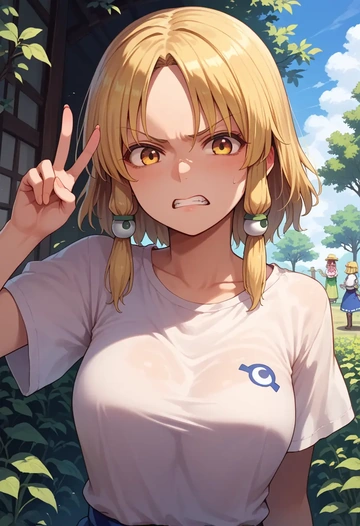 touhou,moriya_suwako,pop art shirt,dolphin shorts  - AI generated anime art