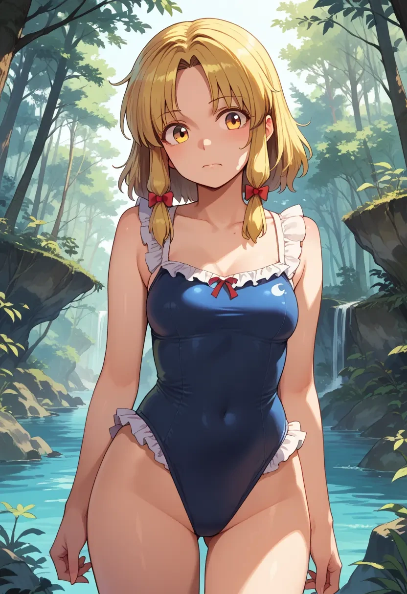 touhou,moriya_suwako,retro style swimsuit,frilled neckline,bow detail  - 