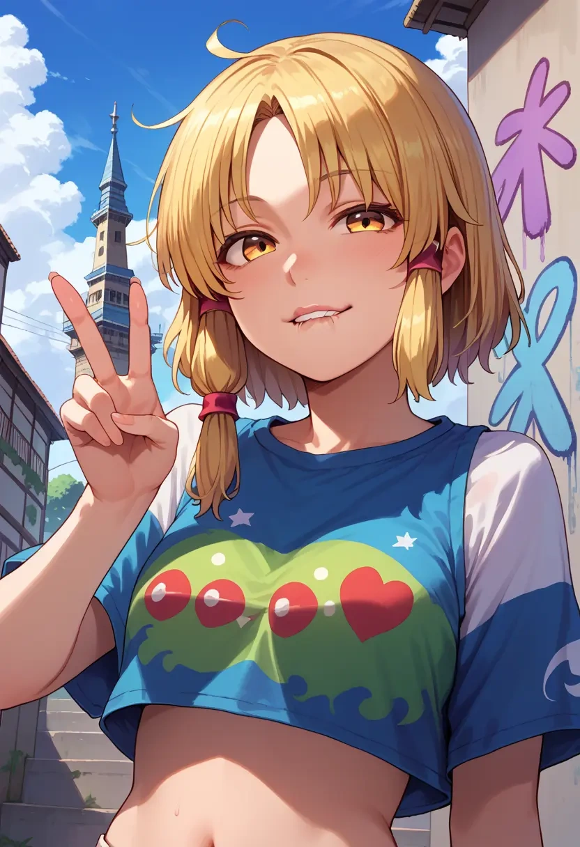 touhou,moriya_suwako,cropped graffiti sweatshirt,dolphin shorts  - 