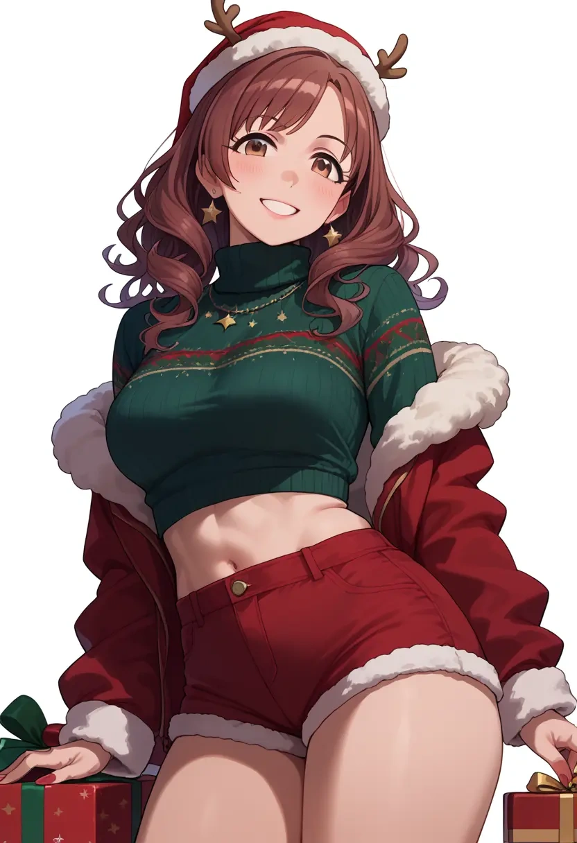 idolmaster,moroboshi_kirari,Christmas,red velvet shorts,turtleneck sweater  - 