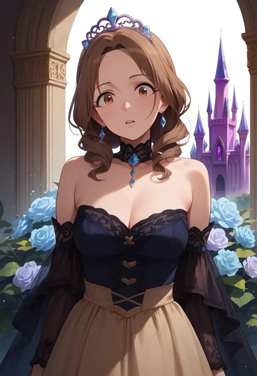 idolmaster,moroboshi_kirari,dark fairy blouse,layered tulle skirt,glitter stockings  - AI generated anime art