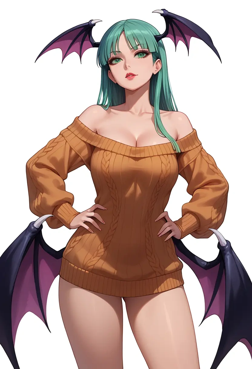 vampire_(game),morrigan_aensland,Hands on hips,off-shoulder,sweater  - 