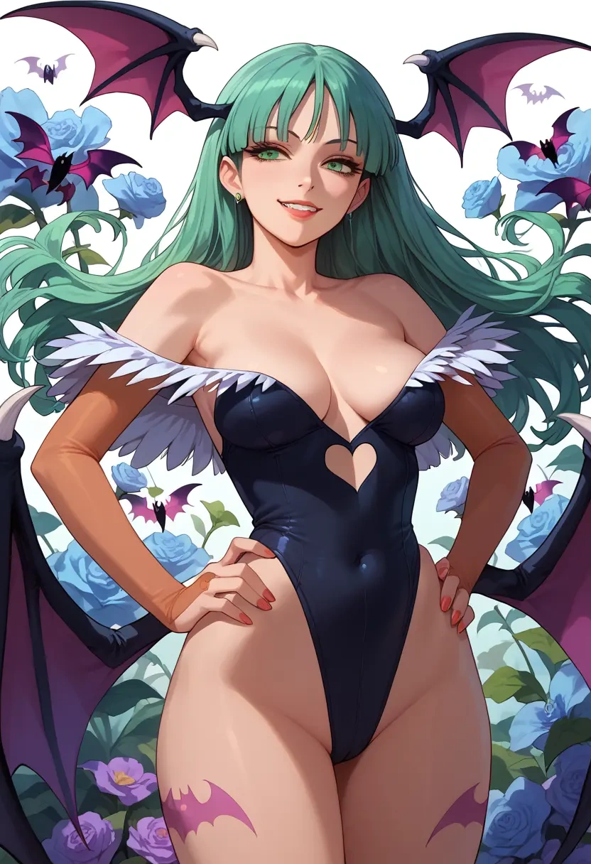 vampire_(game),morrigan_aensland,racerback swimsuit,striped trim,name tag patch  - 