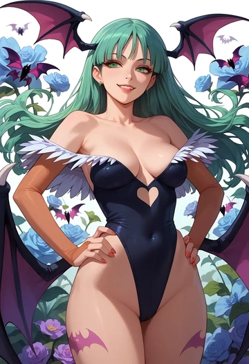 vampire_(game),morrigan_aensland,racerback swimsuit,striped trim,name tag patch  - AI generated anime art