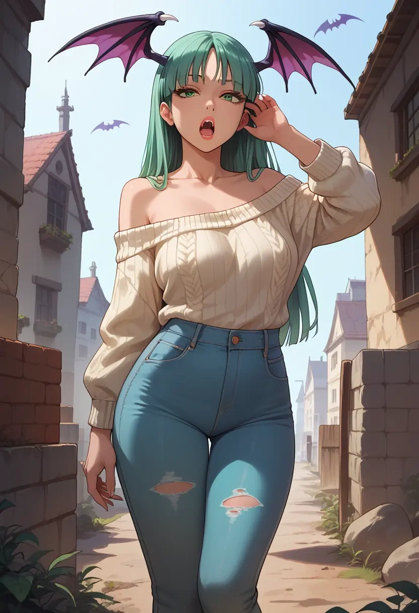 vampire_(game),morrigan_aensland,sweater,off-shoulder,ripped jeans  - 