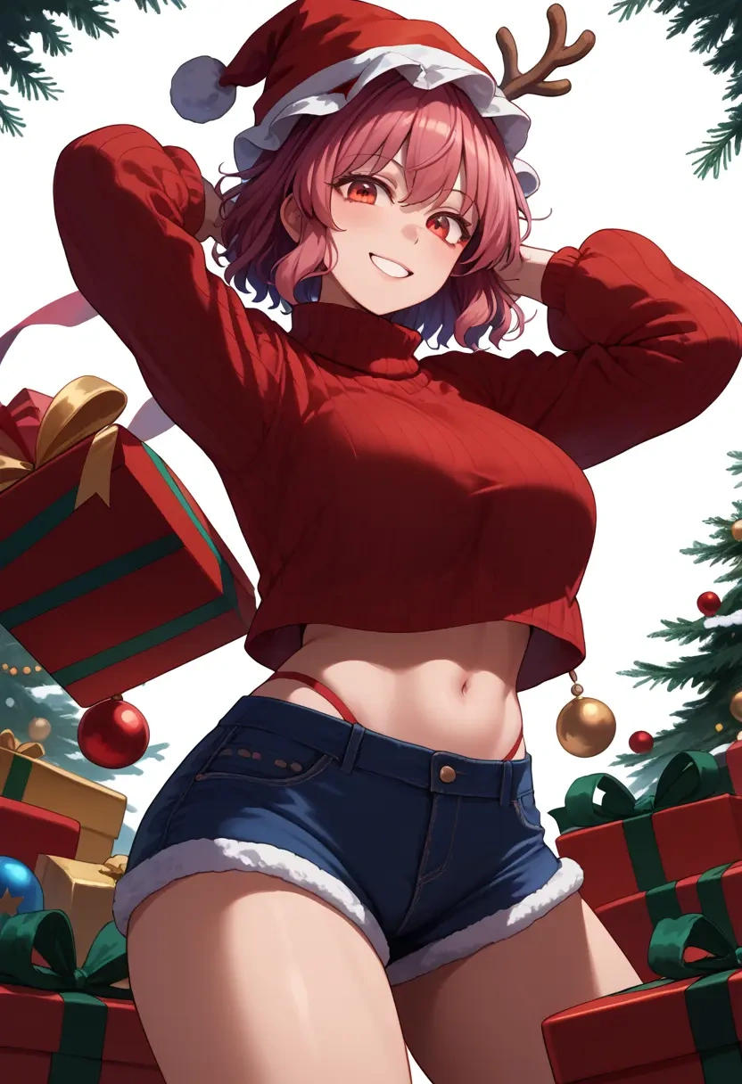 touhou,motoori_kosuzu,Christmas,red velvet shorts,turtleneck sweater  - 