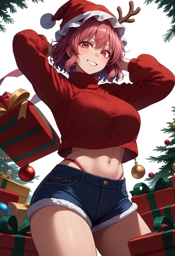 touhou,motoori_kosuzu,Christmas,red velvet shorts,turtleneck sweater  - AI generated anime art