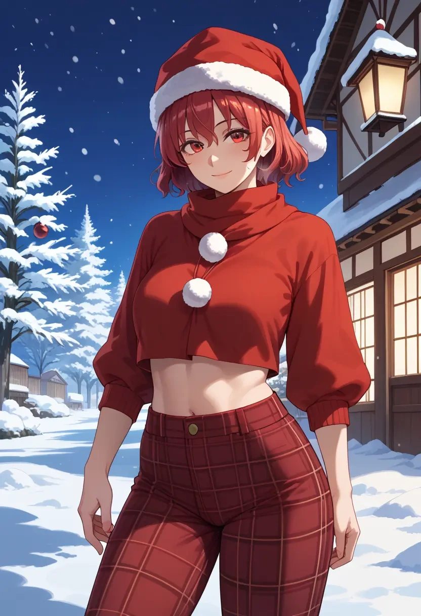 touhou,motoori_kosuzu,Christmas,plaid trousers  - 