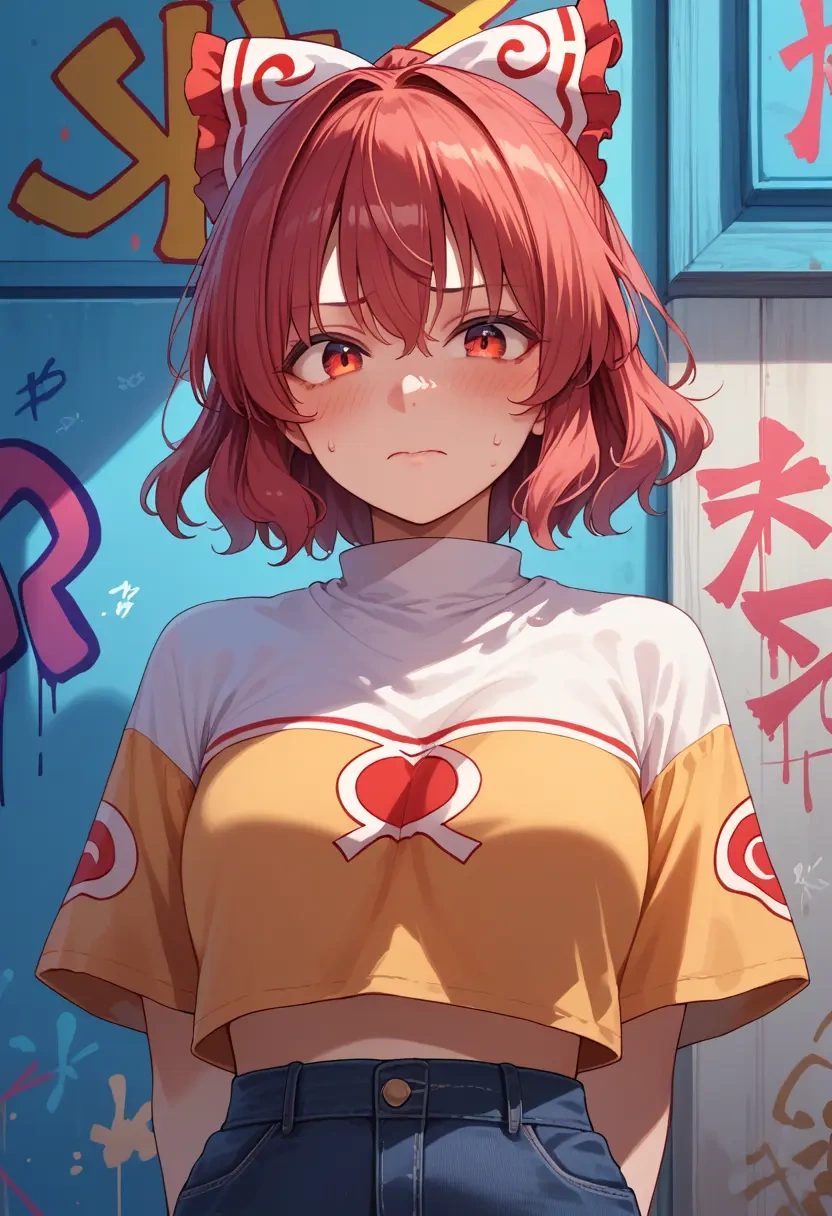 touhou,motoori_kosuzu,cropped graffiti sweatshirt,dolphin shorts  - 