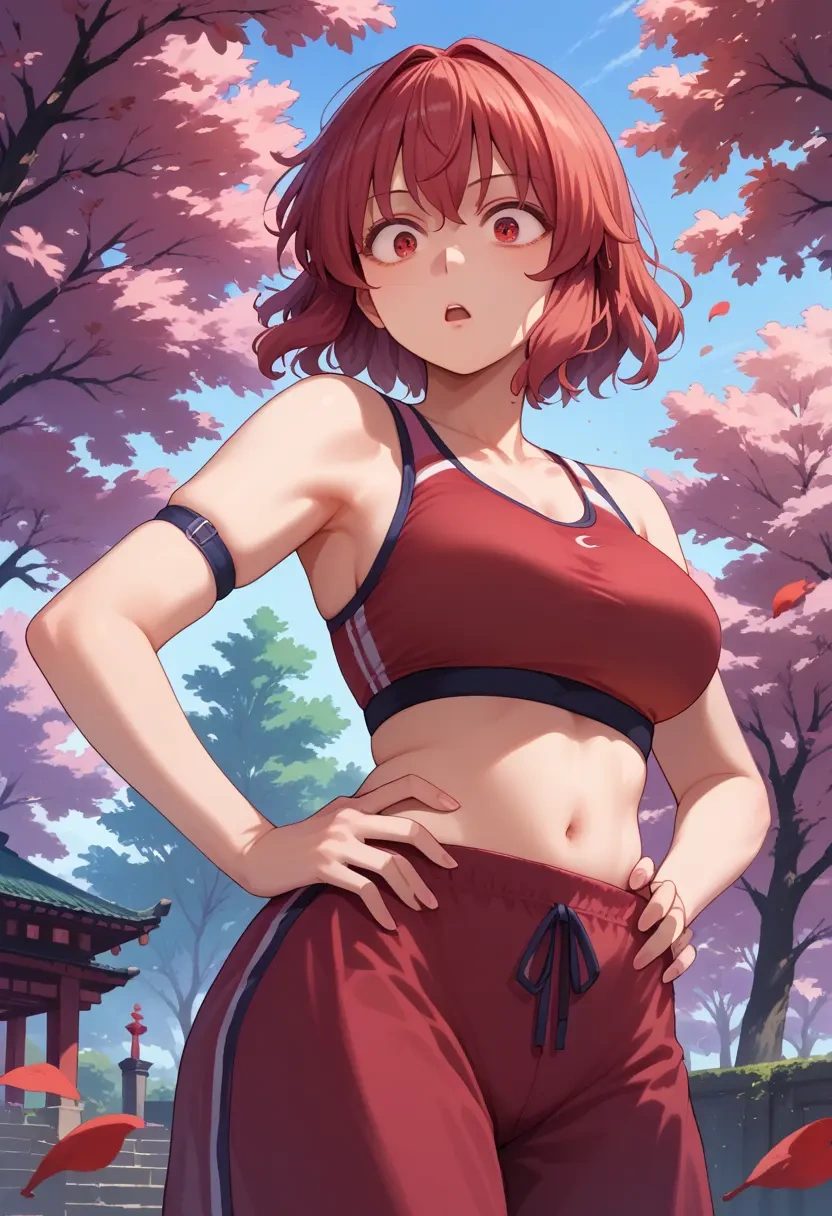 touhou,motoori_kosuzu,sports bra,wide-leg joggers  - 