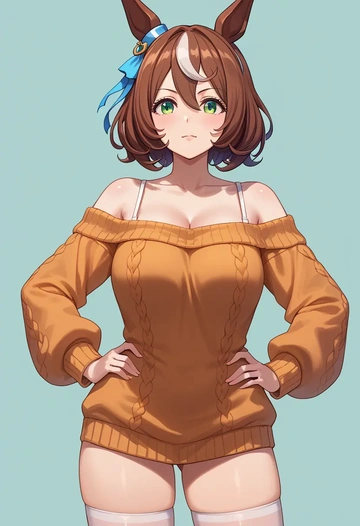 umamusume,mr._c.b._(umamusume),Hands on hips,off-shoulder,sweater,stockings  - AI generated anime art