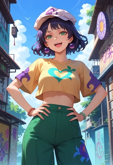 touhou,murasa_minamitsu,cropped graffiti sweatshirt,dolphin shorts  - AI generated anime art