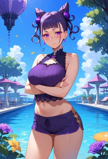 fate_(series),murasaki_shikibu_(fate),sleeveless swim top,shorts-style bottom,contrast stitching  - AI generated anime art