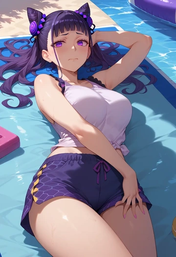 fate_(series),murasaki_shikibu_(fate),sleeveless swim top,shorts-style bottom,contrast stitching  - AI generated anime art