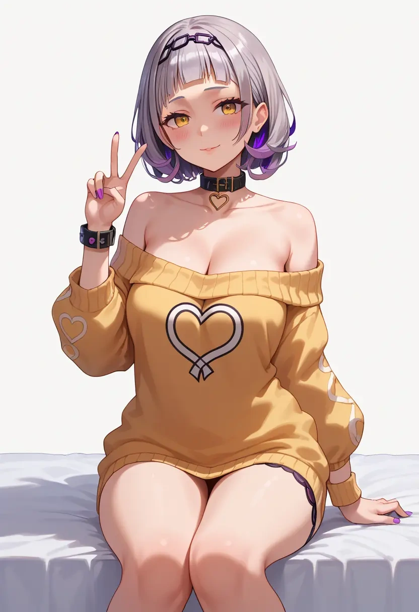 hololive,murasaki_shion,blushing,collar,peace sign,off-shoulder,sweater  - 