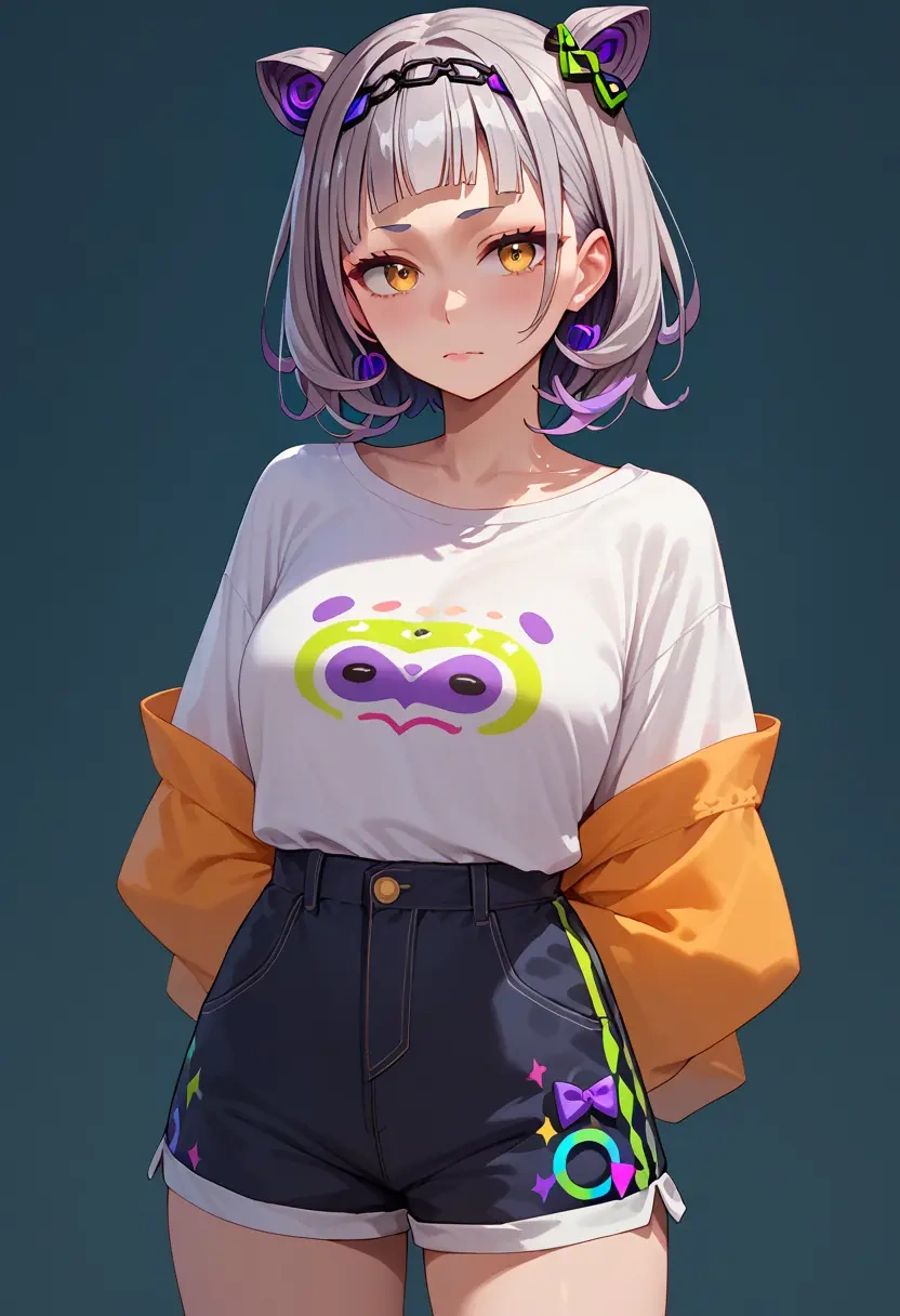 hololive,murasaki_shion,graphic tee,shorts,sneakers  - 