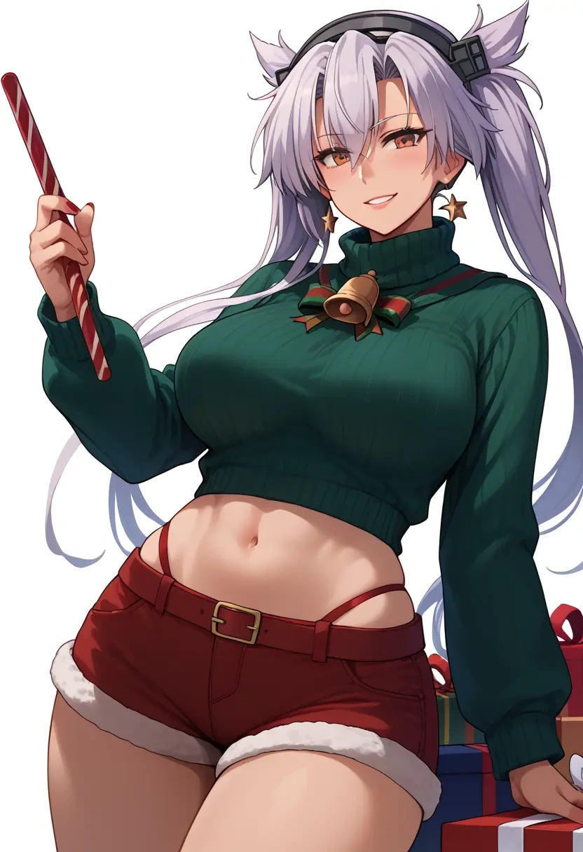 kantai_collection,musashi_(kancolle),Christmas,red velvet shorts,turtleneck sweater  - 