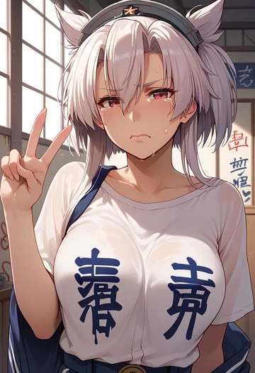 kantai_collection,musashi_(kancolle),oversized graffiti shirt,dolphin shorts  - AI generated anime art