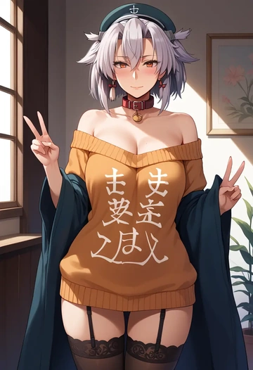 kantai_collection,musashi_kai_ni_(kancolle),blushing,collar,off-shoulder,sweater,stockings  - AI generated anime art