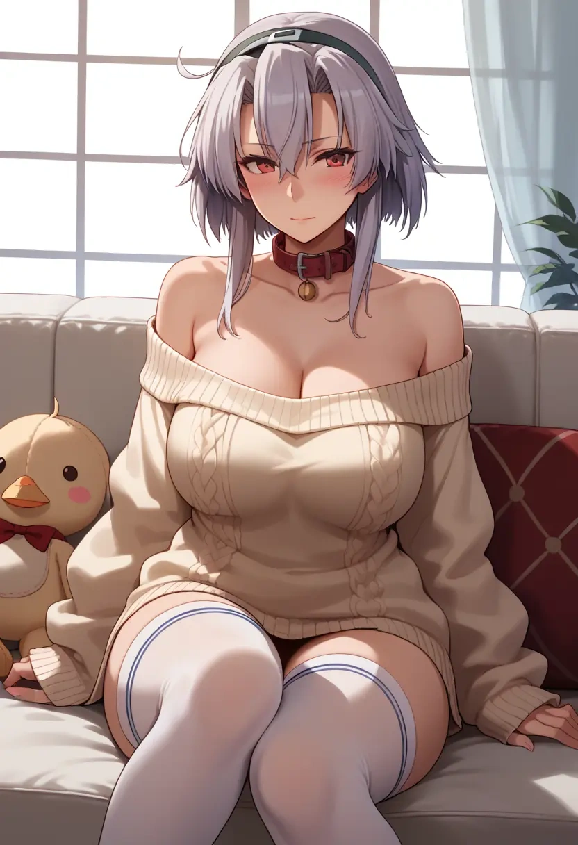 kantai_collection,musashi_kai_ni_(kancolle),blushing,collar,off-shoulder,sweater,stockings  - 