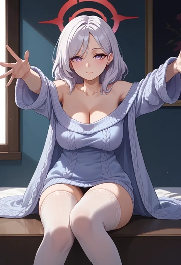 blue_archive,mutsuki_(blue_archive),cross-legged,off-shoulder,sweater,stockings  - AI generated anime art