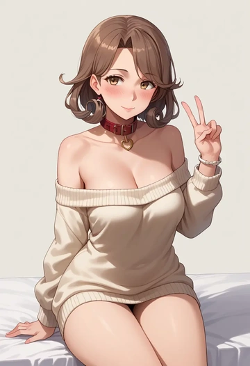 kantai_collection,mutsuki_(kancolle),blushing,collar,peace sign,off-shoulder,sweater  - AI generated anime art