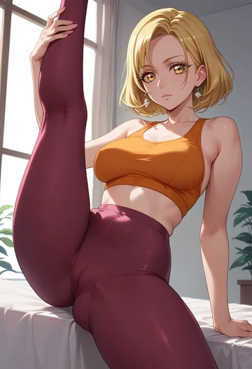 precure,myoudouin_itsuki,yoga, leggings,spread legs,one leg up,sexy  - AI generated anime art