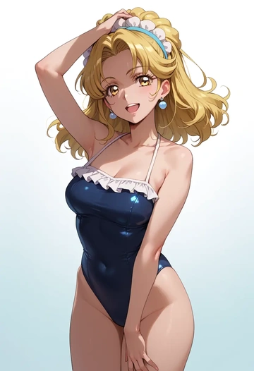 precure,myoudouin_itsuki,retro style swimsuit,frilled neckline,bow detail  - AI generated anime art