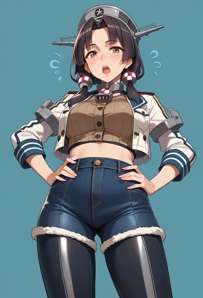 kantai_collection,myoukou_(kancolle),denim jacket,cropped,leather leggings  - 