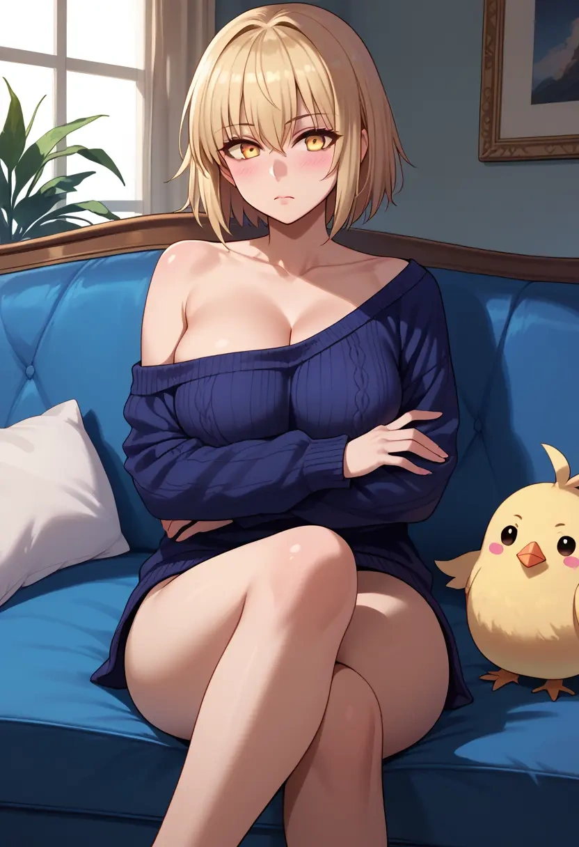 fate_(series),mysterious_heroine_x_alter_(fate),arms crossed,off-shoulder,sweater,cross-legged  - 