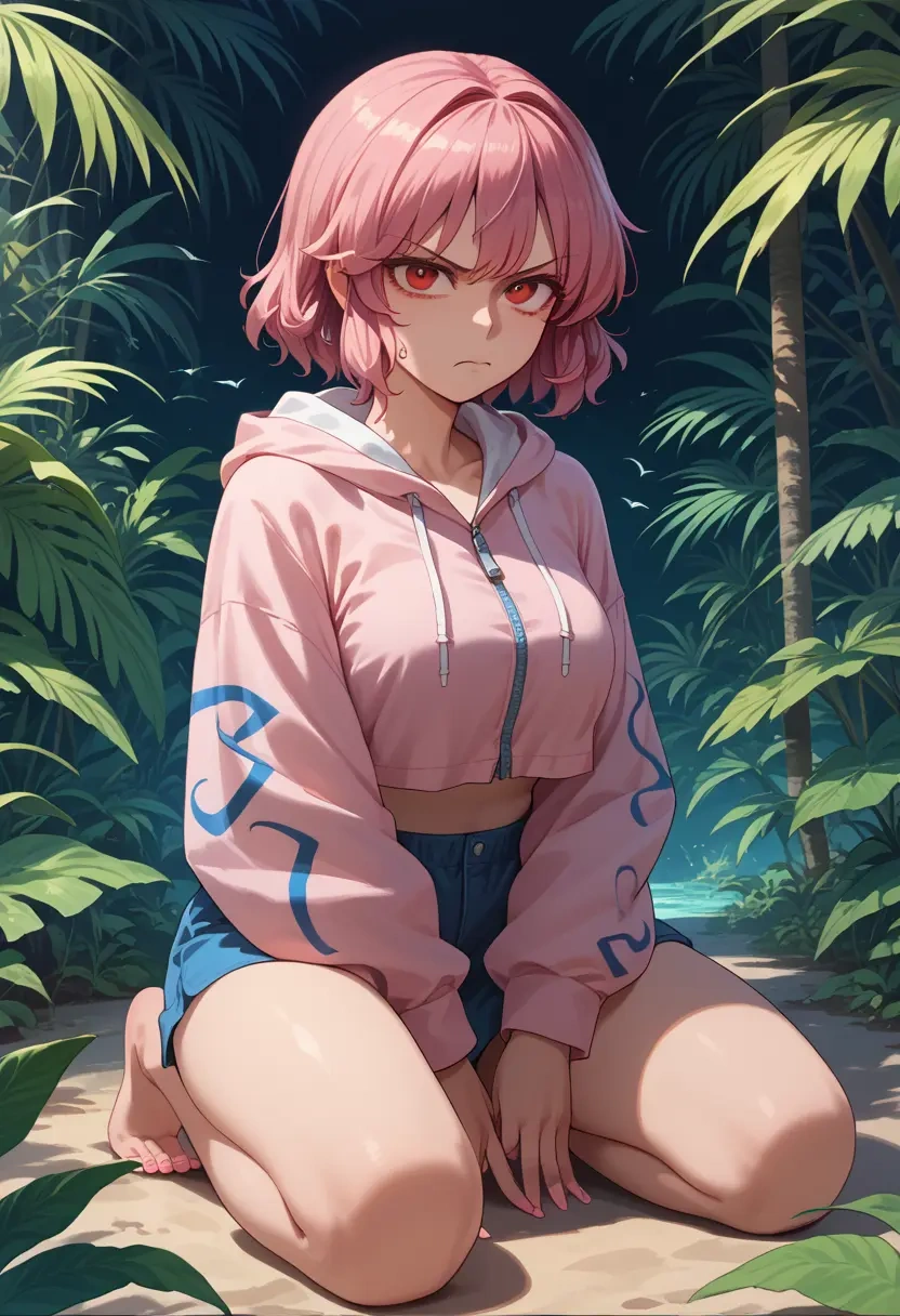 touhou,mystia_lorelei,crop hoodie,shorts  - 