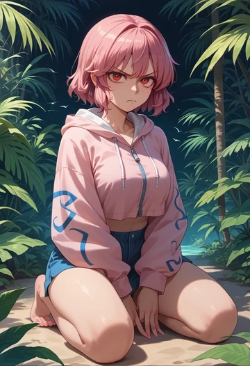 touhou,mystia_lorelei,crop hoodie,shorts  - AI generated anime art