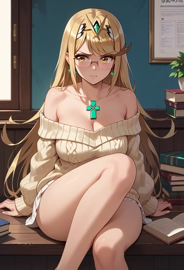 xenoblade_chronicles_(series),mythra_(xenoblade),sweater,panties,off-shoulder,glasses,sexy  - AI generated anime art