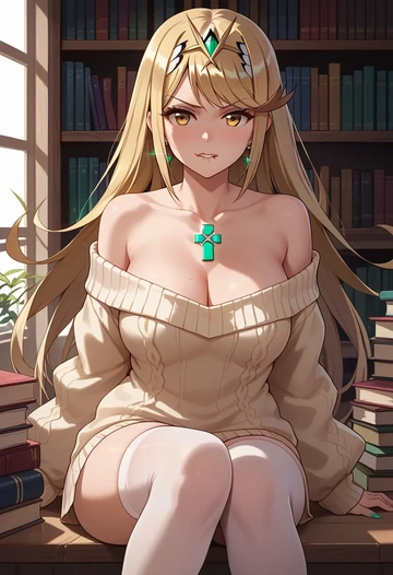 xenoblade_chronicles_(series),mythra_(xenoblade),Biting lip,off-shoulder,sweater,stockings  - AI generated anime art