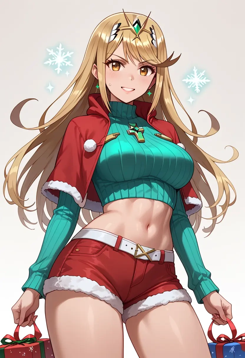 xenoblade_chronicles_(series),mythra_(xenoblade),Christmas,red velvet shorts,turtleneck sweater  - 