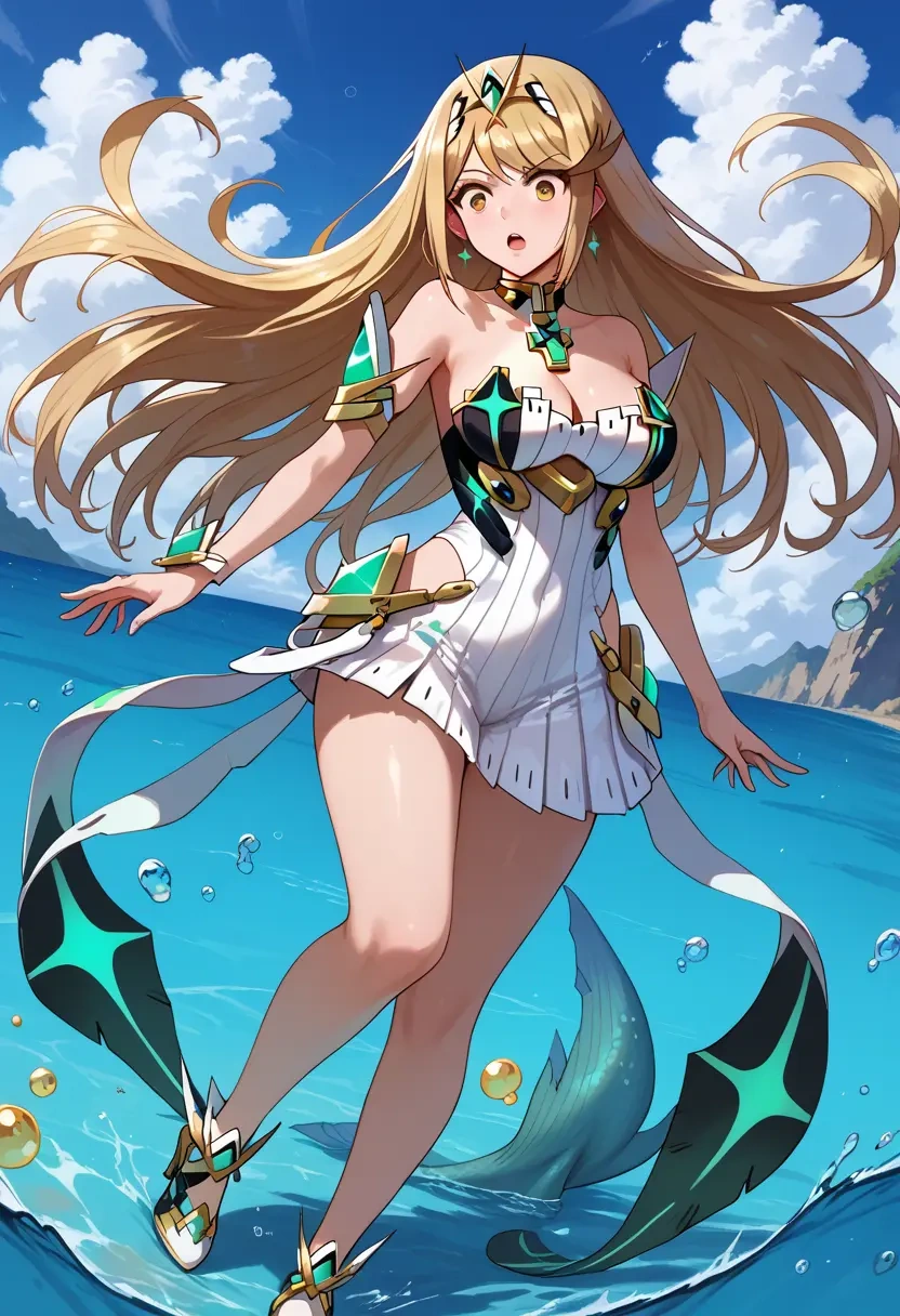 xenoblade_chronicles_(series),mythra_(xenoblade),gown,strapless,mermaid silhouette  - 