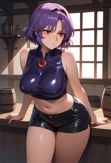 touhou,nagae_iku,leather,shorts,crop top  - AI generated anime art