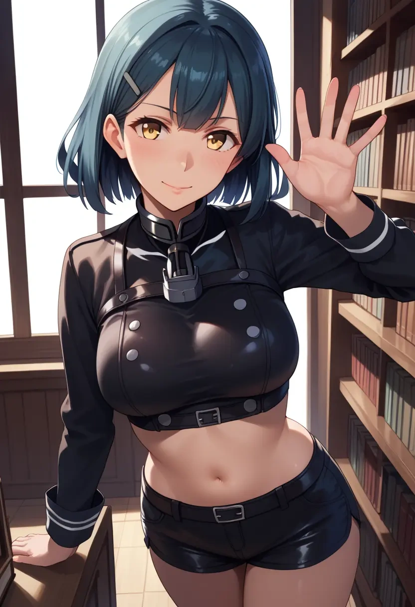 kantai_collection,naganami_(kancolle),leather,shorts,crop top  - 