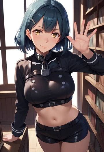 kantai_collection,naganami_(kancolle),leather,shorts,crop top  - AI generated anime art