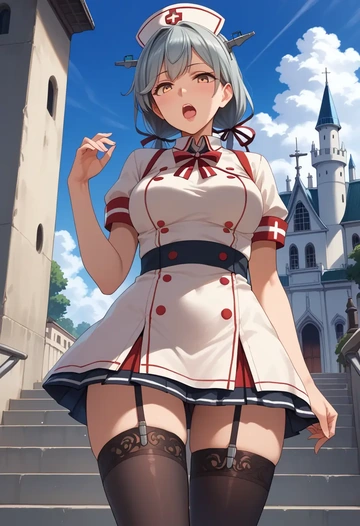 kantai_collection,naganami_(kancolle),nurse pantyhose,mini skirt, sexy  - AI generated anime art