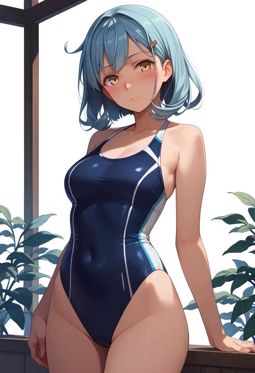 kantai_collection,naganami_(kancolle),racerback swimsuit,striped trim,name tag patch  - 