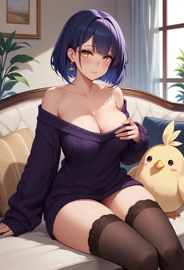 azur_lane,nagato_(azur_lane),blushing,off-shoulder,sweater,stockings  - AI generated anime art